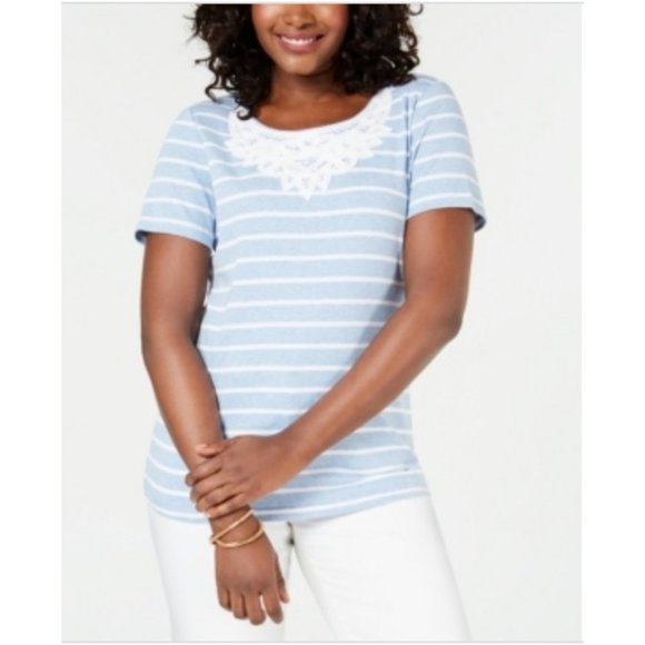 NWT Karen Scott Crochet-Lace Striped Cotton Top - Picture 1 of 4